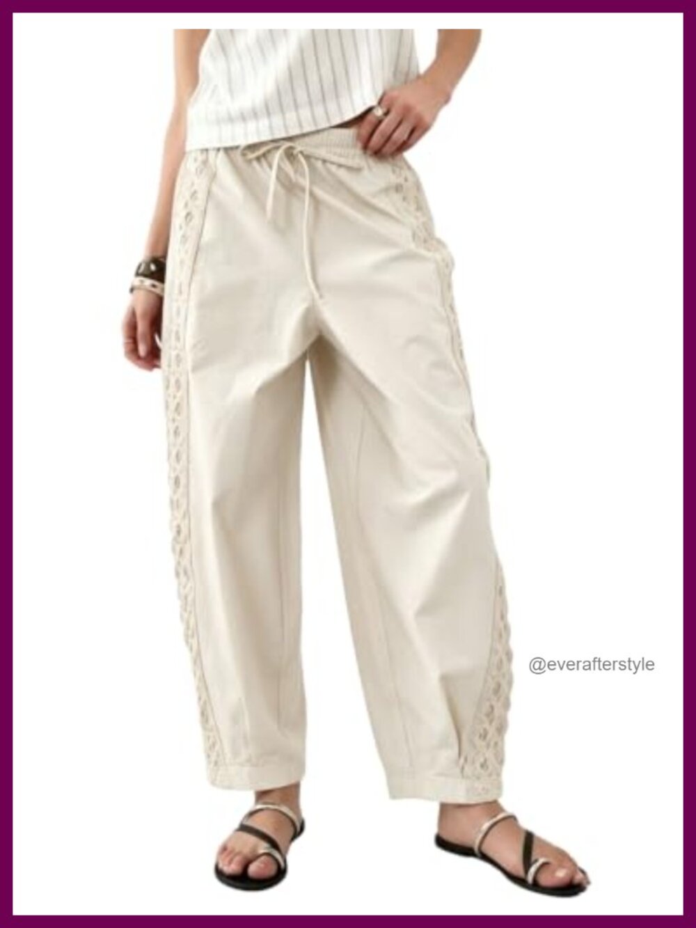 Barrel Pants Women Cotton Embroidered Lace Boho Trouser Drawstring Waist